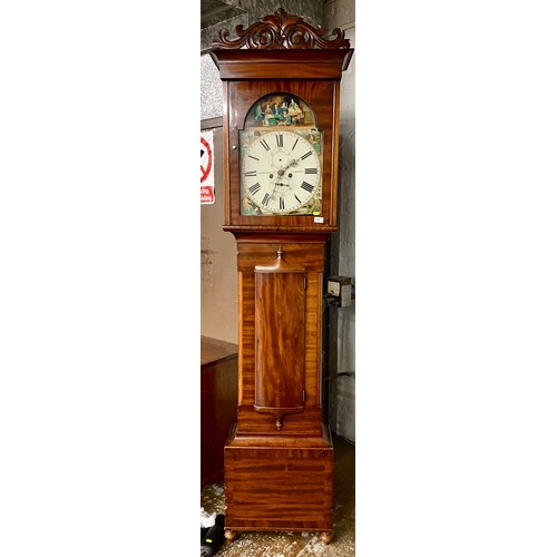 570 - c.19th c mahogany longcase grandfather clock hand painted face J. Cameron & Son Kilmarnock, appr... 