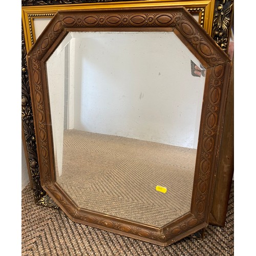 441 - Rectangular mahogany wall mirror, 119 x 62 cm, Oriental silk print, another wall mirror (3)