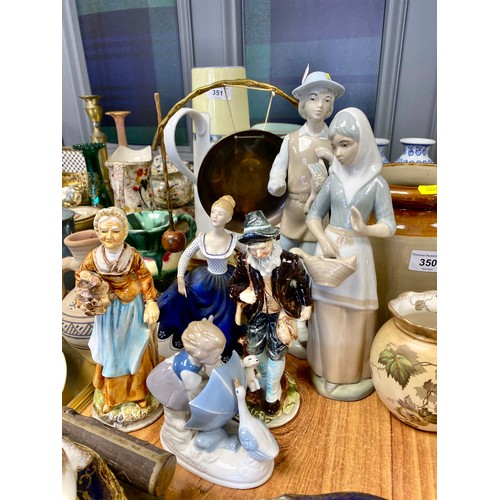 350 - Blue and gilt part tea set, two spanish figures, Royal Doulton figure Lisa, brass gong etc