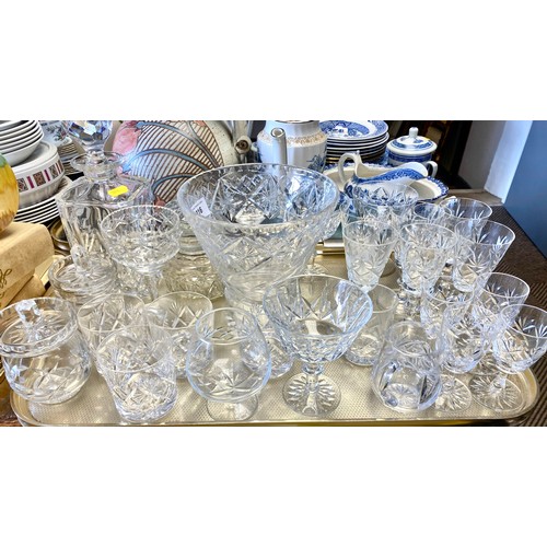 316 - Collection of cut and other glass including decanter, flower vase, bowls etc