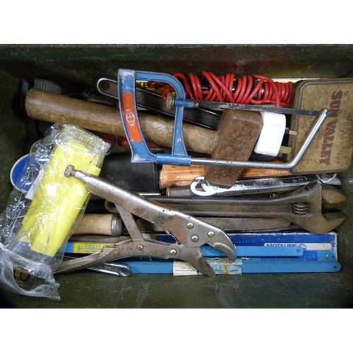 340A - Metal box containing spanners, hacksaws, hammers, tester, drill bits, etc.