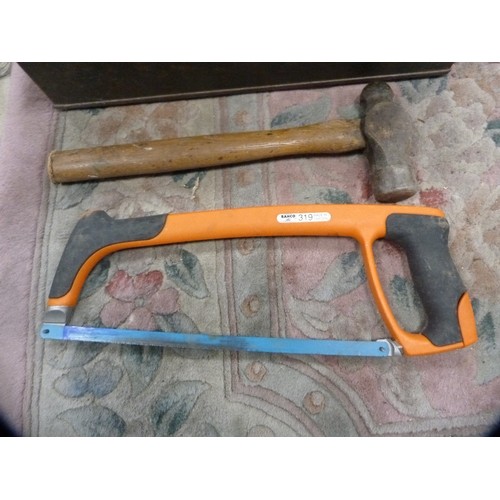 340A - Metal box containing spanners, hacksaws, hammers, tester, drill bits, etc.