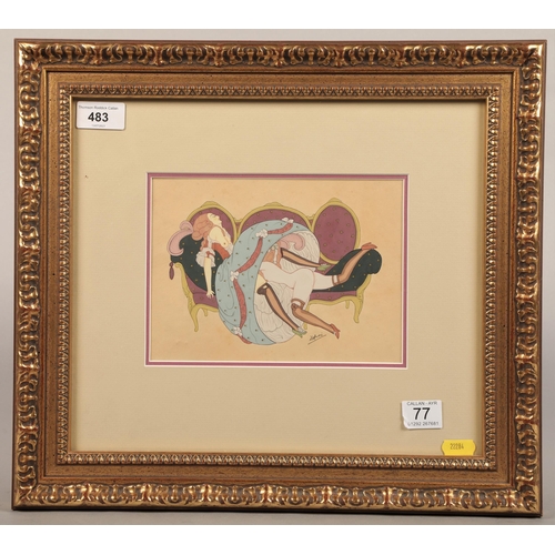 483 - D'auria, framed ink and watercolour, signed, 'Erotic Study of Two Ladies', 15cm x 20cm