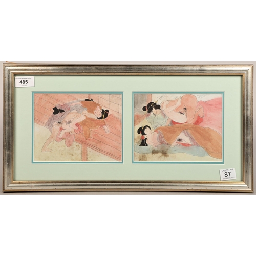 485 - Japanese school framed pair mounted prints, 'shunga' erotic studies, each print 14cm x 18cm