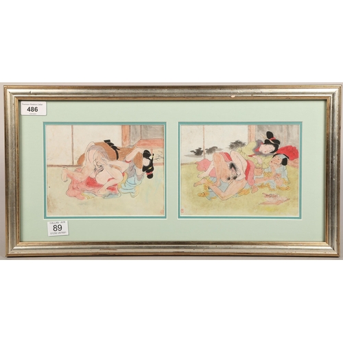 486 - Japanese school, pair of framed mounted prints, signed, 'shunga' erotic studies, each print 14cm x 1... 