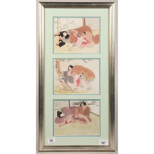 487 - Japanese school, framed tryptich of prints, signed, 'shunga' erotic studies, each print 14cm x 18cm