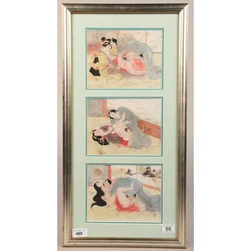 488 - Japanese school, framed tryptich of prints, signed, 'shunga' erotic studies, each print 14cm x 18cm