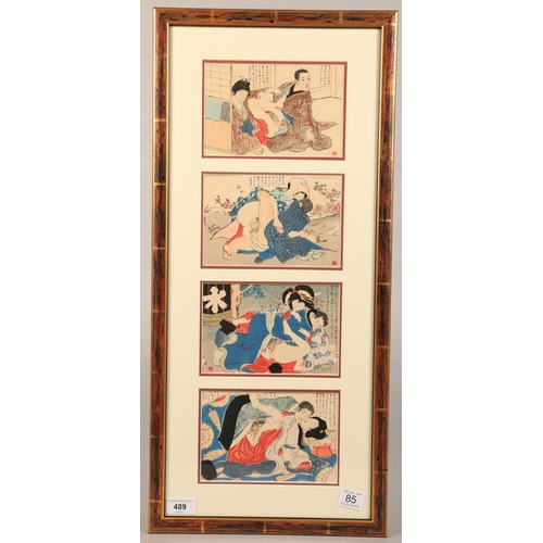 489 - Japanese school, framed set of four woodblock prints, 'Shunga erotic studies', each print 11.5cm x 1... 