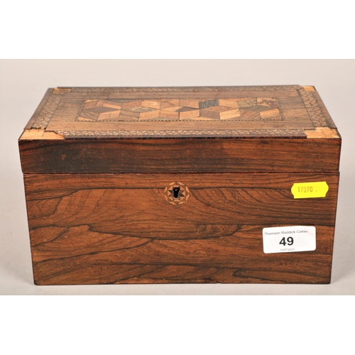 49 - Quantity of pocket watches, foreign note, compacts, etc, in Marquetry tea caddy