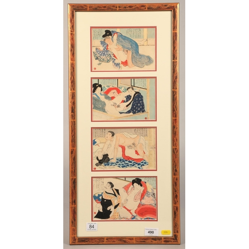 490 - Japanese school, framed set of four woodblock prints, 'Shunga erotic studies', each print 11.5cm x 1... 