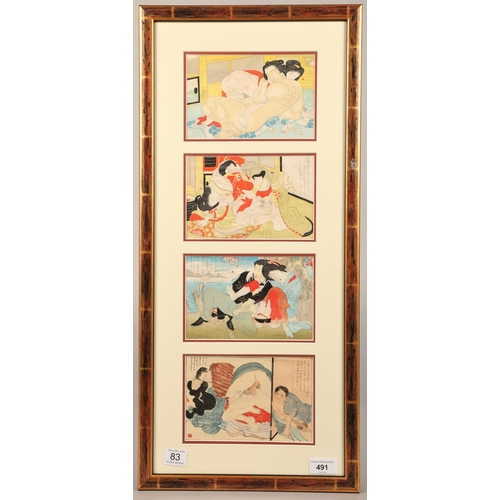 491 - Japanese school, framed set of four woodblock prints, 'Shunga erotic studies', each print 11.5cm x 1... 