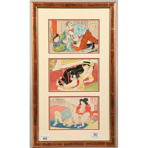 492 - Japanese school, framed tryptich woodblock prints, 'Shunga erotic studies', each print 12cm x 18cm