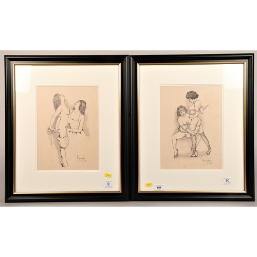 494 - Rene Gifford, pair of ink and pencil, both signed and dated 1963 and one 1968, female erotic studies... 