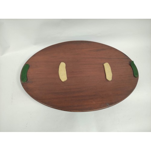 147A - Mahogany oval serving tray with applied central satinwood laurel leaf and brass handles. 65cm x 43xm