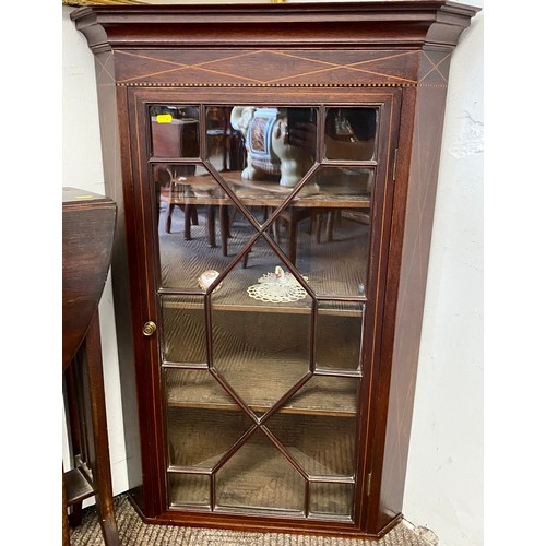 518 - Mahogany and marquetry glazed door corner cabinet 100cmh x 32cmd x 67cmw