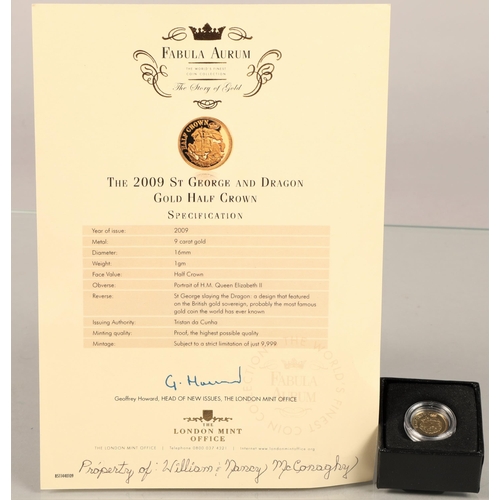 138 - 2009 St George and Dragon gold half crown, 9ct gold 16mm d, 1g weight, ltd ed. 9,999 in presentation... 