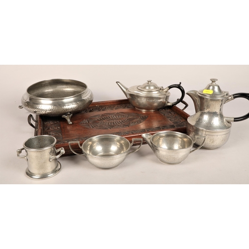 354 - Sheffield hammered pewter bowl, a similar four piece tea set, etc.