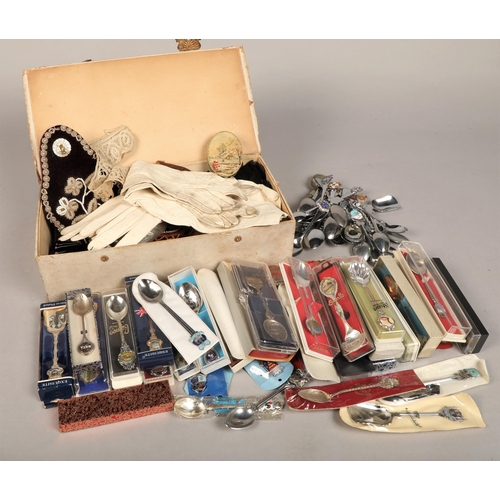 362 - Assortment of vintage items including binoculars, candlesticks, carriage clock, spoons, and box of v... 