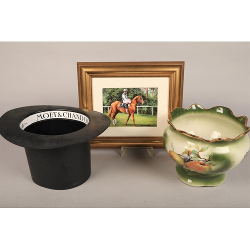 404 - Assorted decorative wares including framed horse racing print, Famous Grouse promotional items, jugs... 