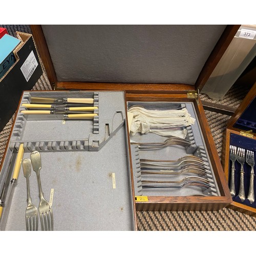 379 - Three partially filled cases of EPNS cutlery and box of loose