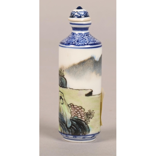 39A - Oriental snuff bottle decorated with an erotic scene, blue character marks to base, 8.5cm