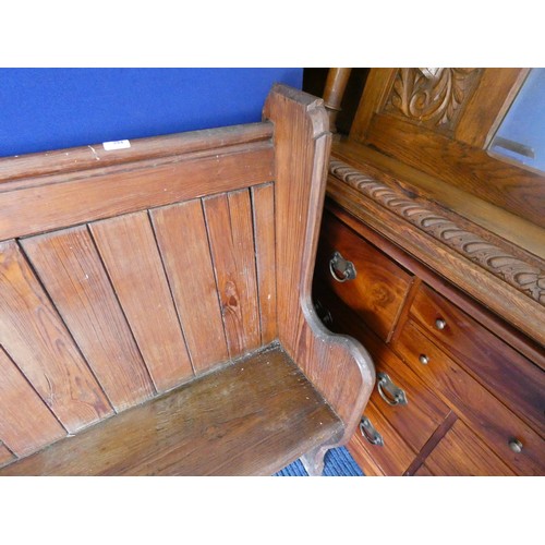 394 - Antique pitch pine pew, boarded back & solid seat, 277cms long.