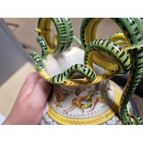 1 - Majolica style twin handled snake & mythological design hand painted urn vase