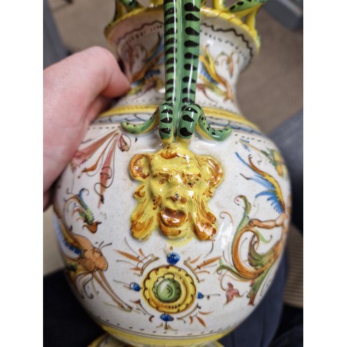 1 - Majolica style twin handled snake & mythological design hand painted urn vase