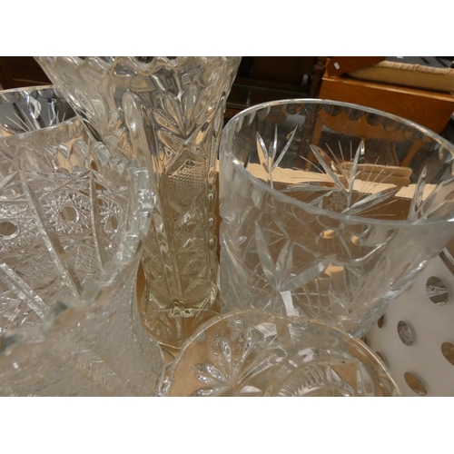 61 - Large quantity of cut and other glassware to include vases, water jugs, jelly moulds, glass candlest... 