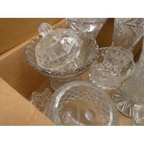 61 - Large quantity of cut and other glassware to include vases, water jugs, jelly moulds, glass candlest... 