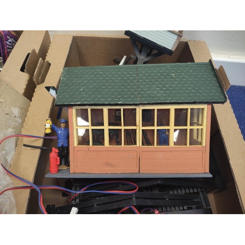 83 - Two boxes of model railway buildings and components to include signal box etc. (2)