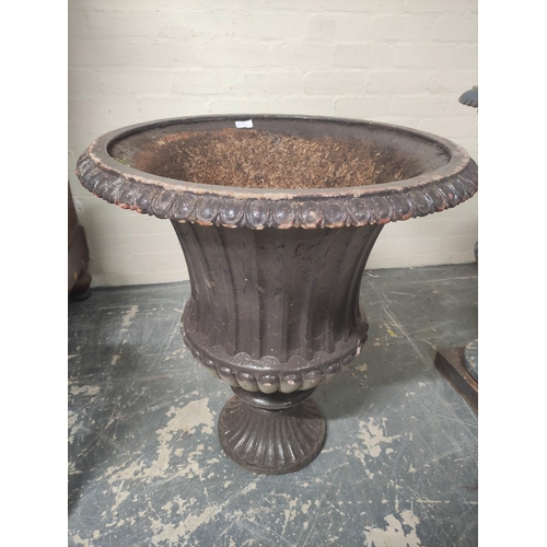 379 - Pair of antique cast iron campagna form garden urns of large size, each with formerly painted lunett... 