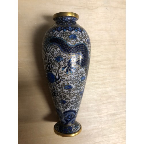 12 - Blue cloisonne vase with five claw dragon design, 11cm h