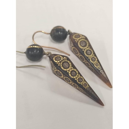 117 - Pair of inlaid tortoiseshell earrings of spear shape, gold and silver.