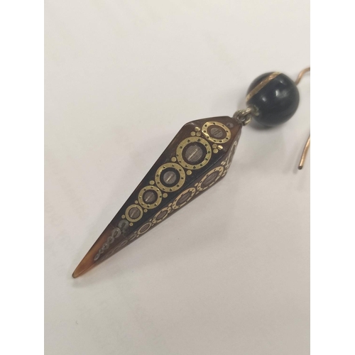 117 - Pair of inlaid tortoiseshell earrings of spear shape, gold and silver.