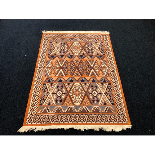 563 - Flat weave rug, orange and blues, geometric design, 185 x 138cm