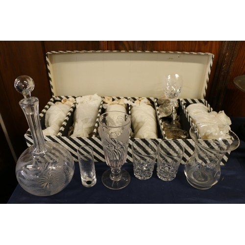 59 - Glassware to include an etched decanter, a vase, stem ware, etc.