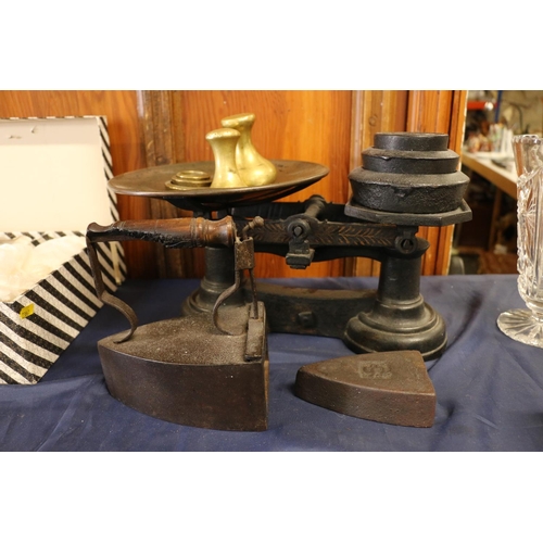 61 - Cast iron set of balance scales and a flat iron with additional block.