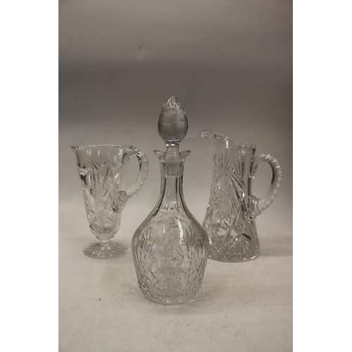 64 - Edinburgh 1980 Queen Mother Commemorative cut-glass decanter, and two jugs.