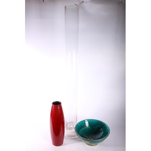 110 - Tall glass vase, 18cm high, a ceramic vase, and a bowl.