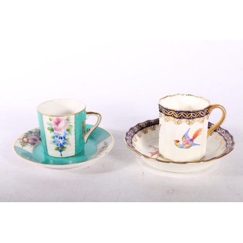 67 - Royal Worcester cup with faceted sides and bird decoration, and matching plate, and another cup and ... 