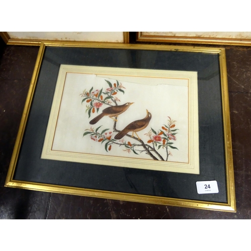 24 - Two Basil Ede prints 29cm x 18cm and silk of song birds 28cm x 19cm.  (3)