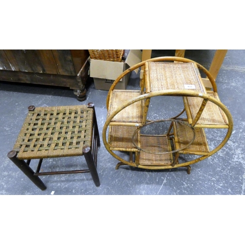 433 - Cane circular shelf unit and a woven top stool. (2)