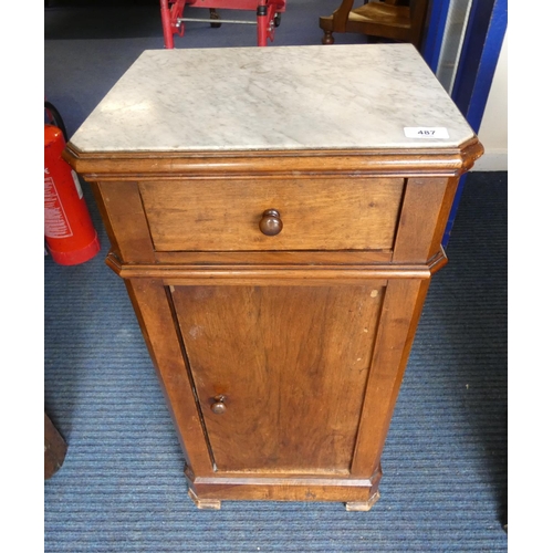 487 - Antique marble top pot cupboard enclosed by drawer and door, 80cm high.