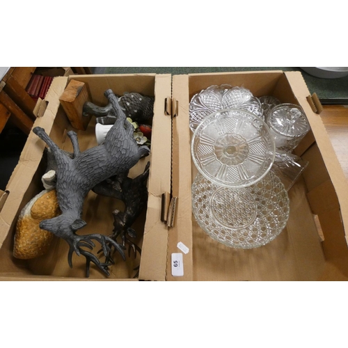 65 - Collection of cut glass to include tazzas, bowls etc. and two stag figures, also bird figures and a ... 