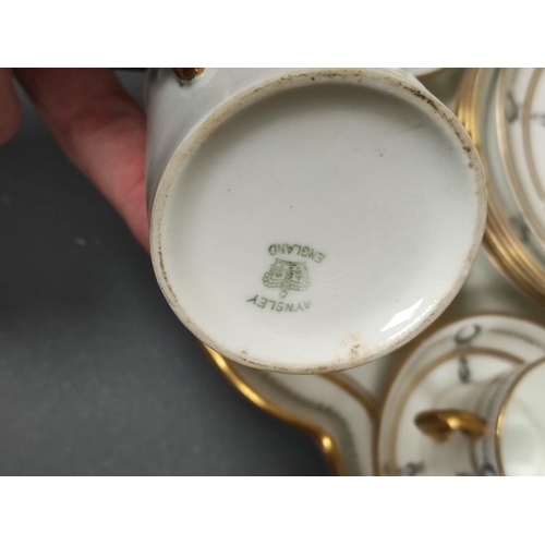 12 - Aynsley part coffee set on scalloped edge porcelain tray with gilded rims, handles and laurel leaf b... 