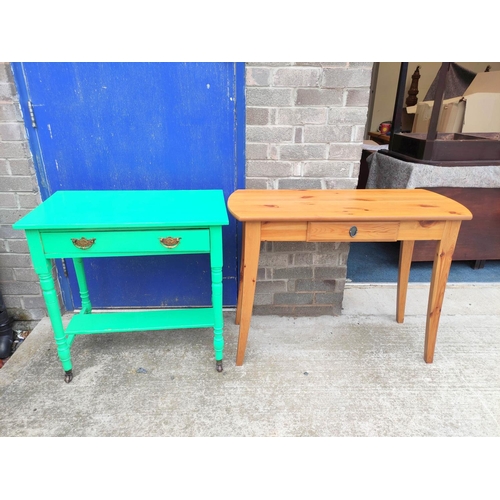 405 - Pine rectangular hall table and a green painted side table with a drawer.