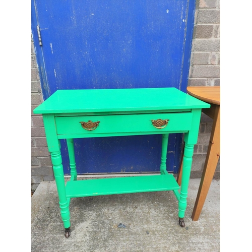 405 - Pine rectangular hall table and a green painted side table with a drawer.