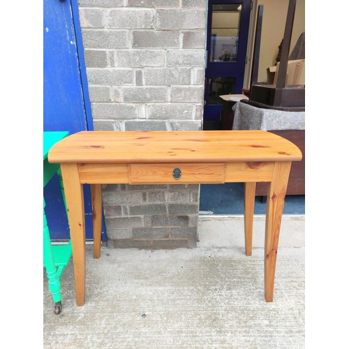 405 - Pine rectangular hall table and a green painted side table with a drawer.