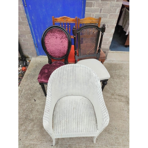 412 - Pair of Edwardian dining chairs, LLoyd loom type basket chair, Bergere type chair and another. (5)